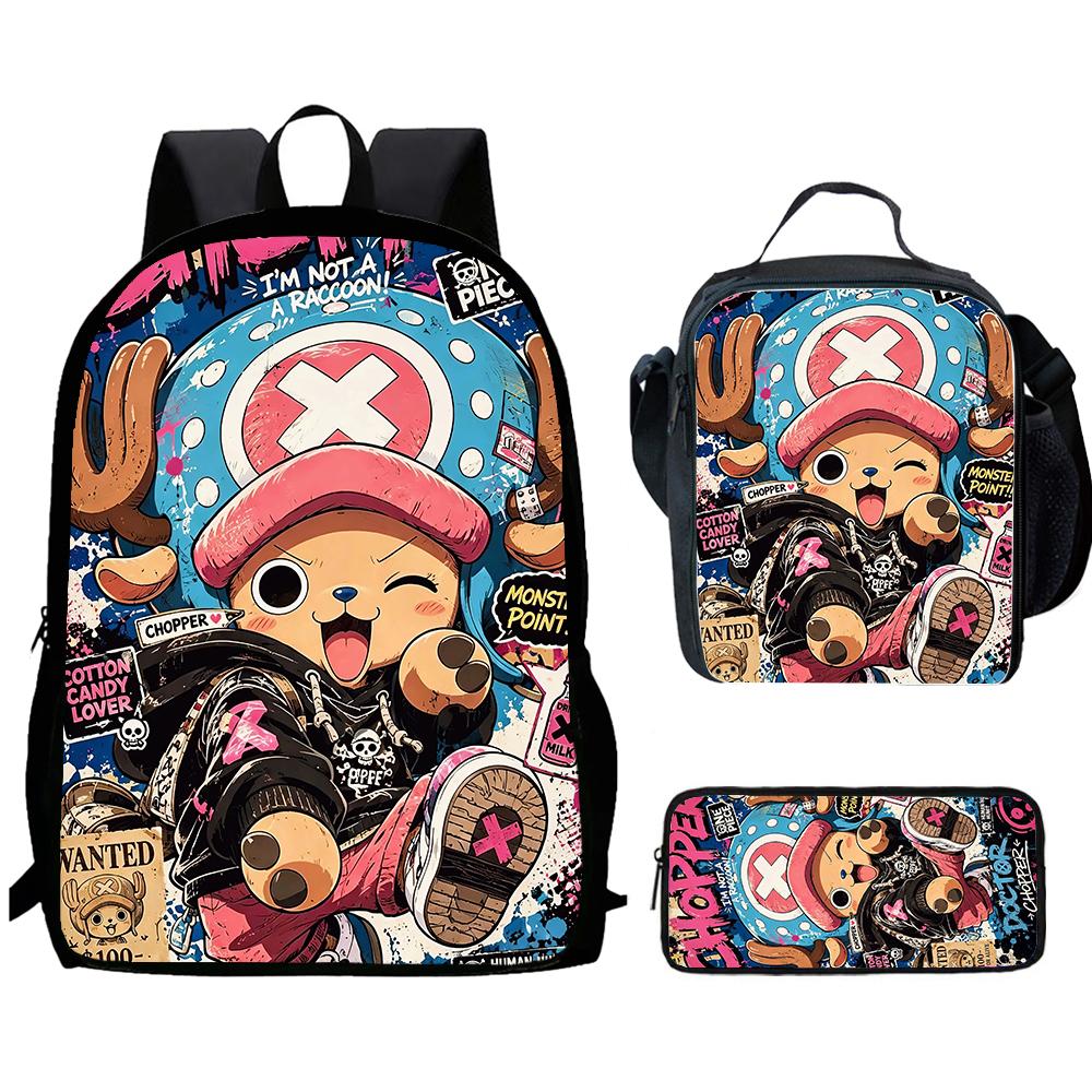 One Piece 15-Inch Mochila 3 Pcs Lightweight Adjustable Cartoon School Backpack With Lunch Bag Pencil Case For Children Ages 6-10