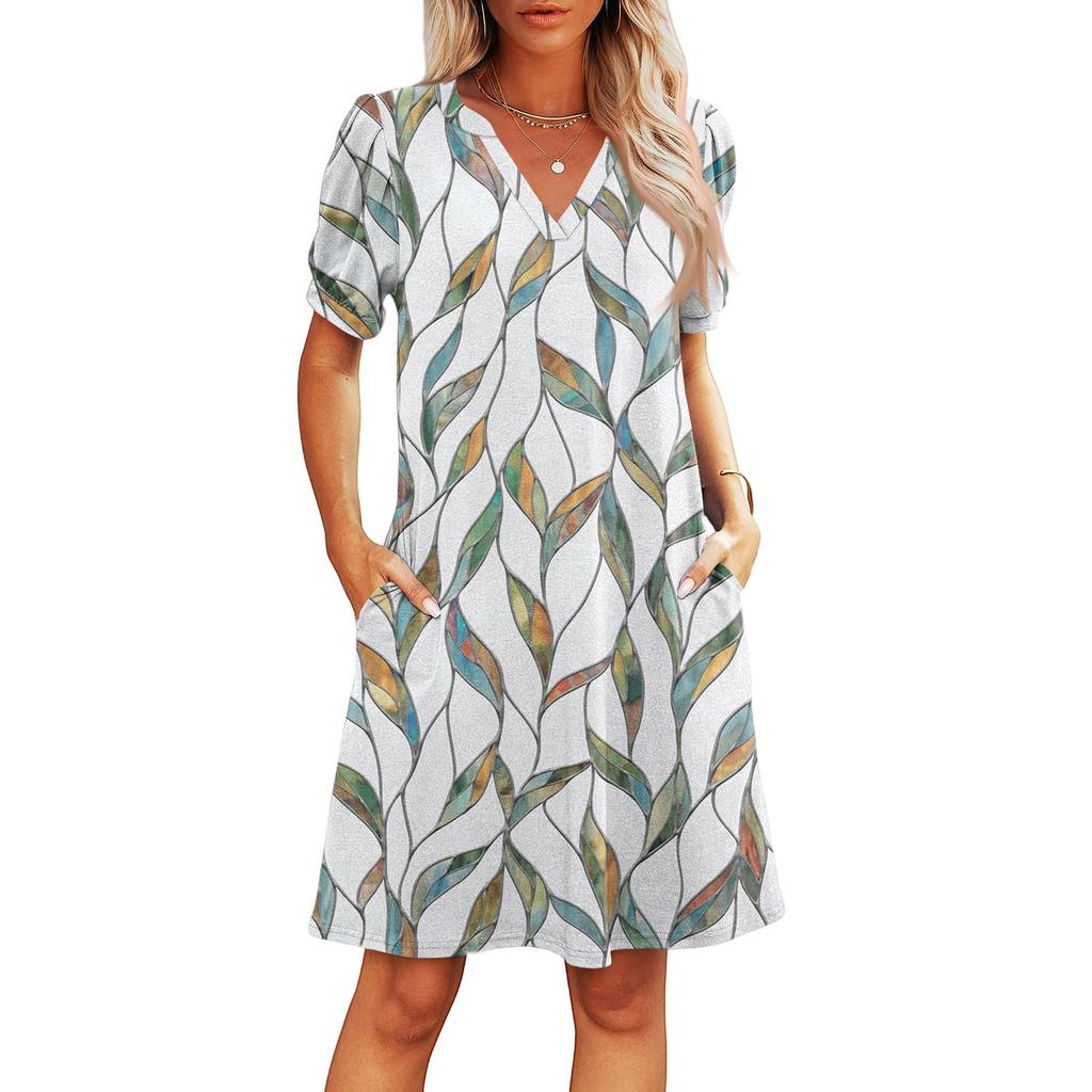 Dámské letní ležérní plážové šaty s výstřihem do V, s krátkým rukávem, pruhované, s geometrickým potiskem