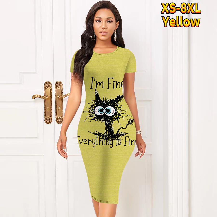 

Тонкое платье длиной до колена с коротким рукавом, модное женское платье миди с 3D принтом жареного кота 6XL жёлтый