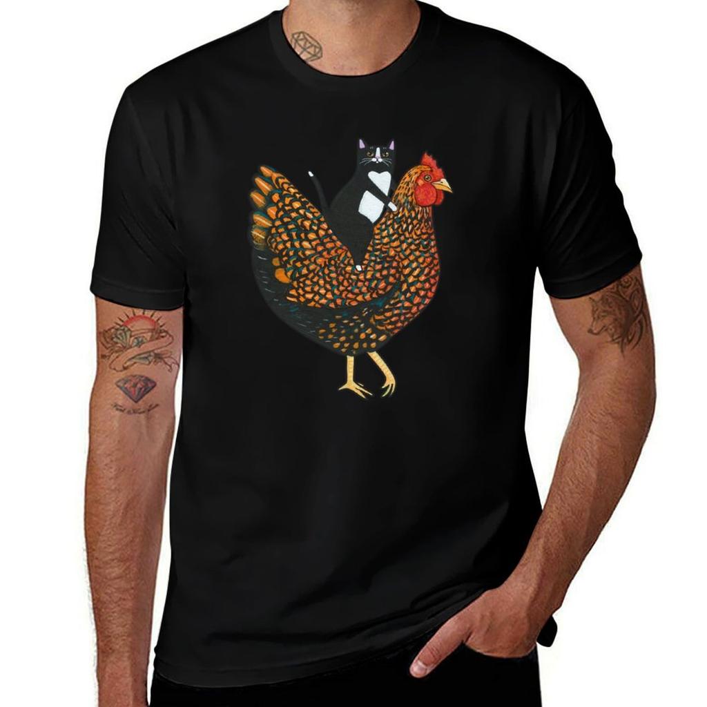 Tuxedo Cat On A Wyandotte Chicken Tshirt Work Wear Breathable Tee