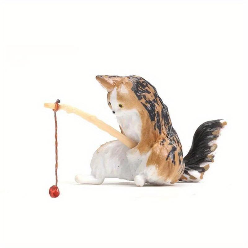 Fishing Cat Ornaments Aquarium Decoration Fish Landscaping Cartoon Cat Statue Mini Resin Figurine Home Decorations