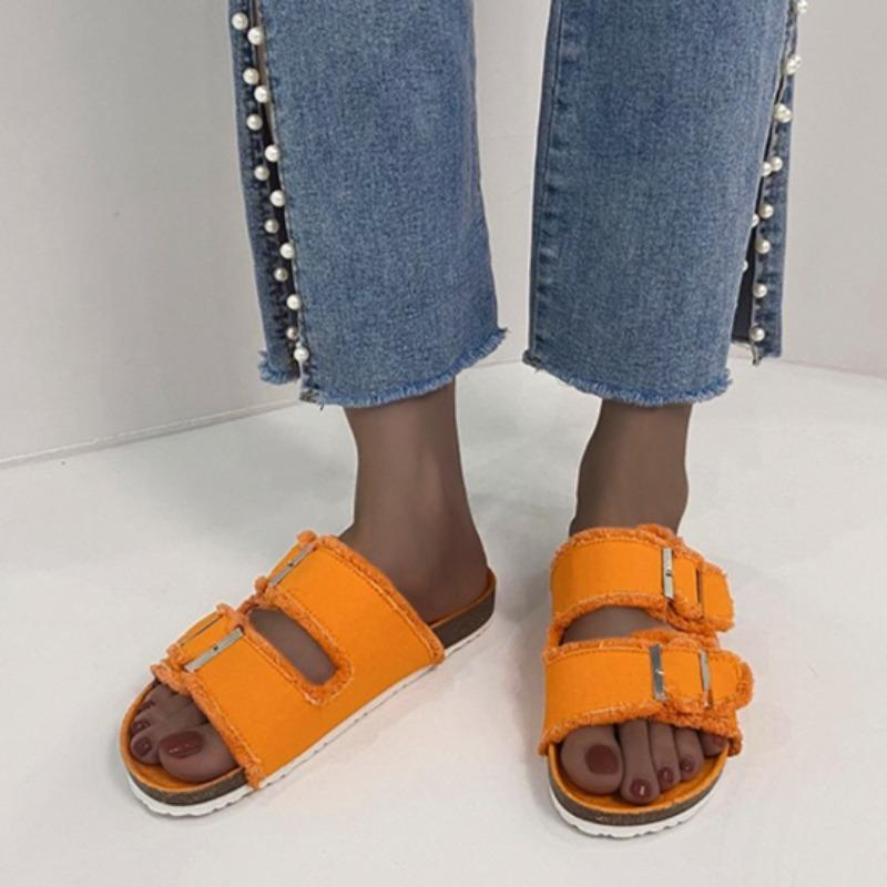 Fashion Fabric Roman Slippers Summer New Round Toe Metal Buckle Soft Sole Non-slip Wear-resistant Plus Size Flats