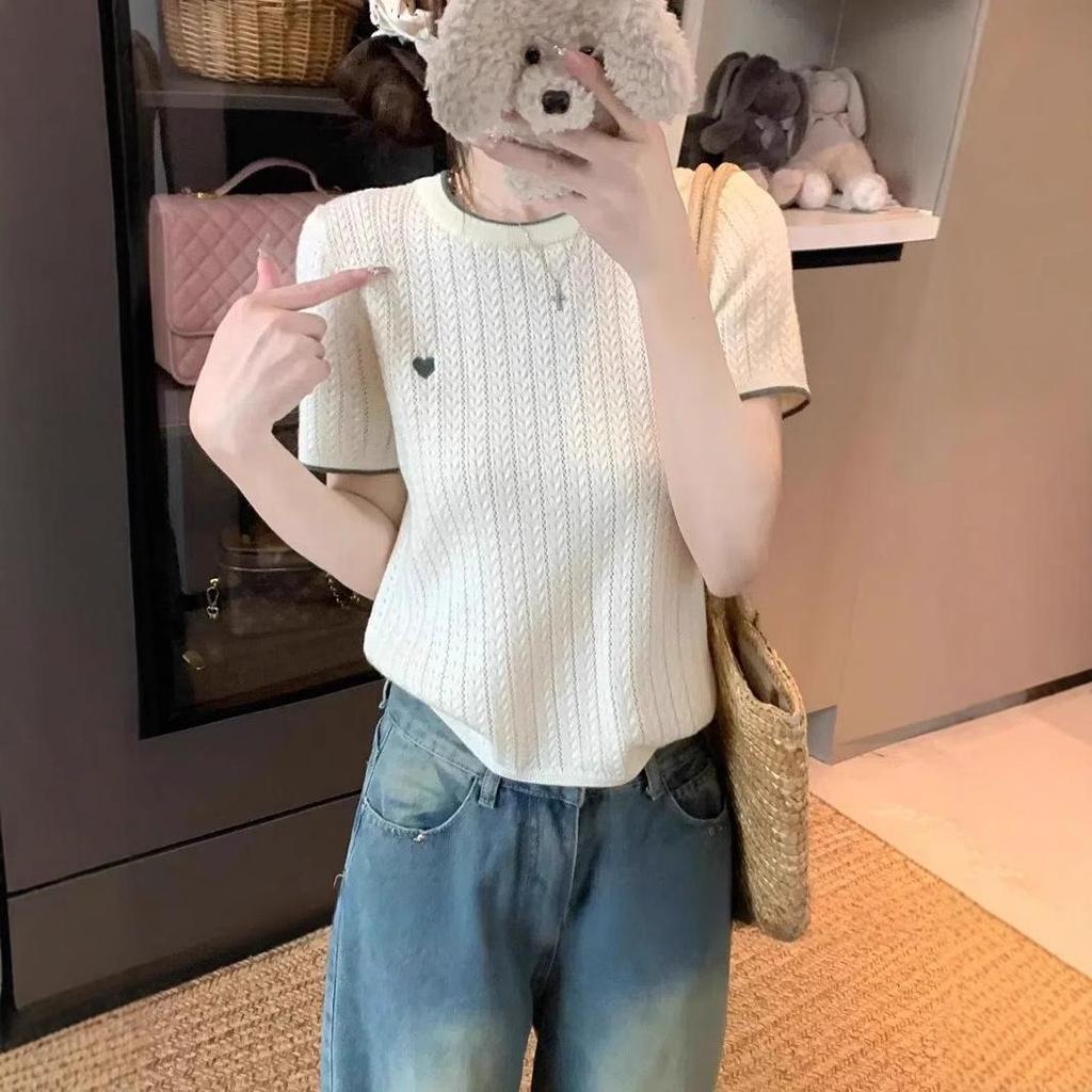 Chic Color Block Crew Neck Short Sleeve Knitted T-Shirt for Women - Preppy Style Summer 2025