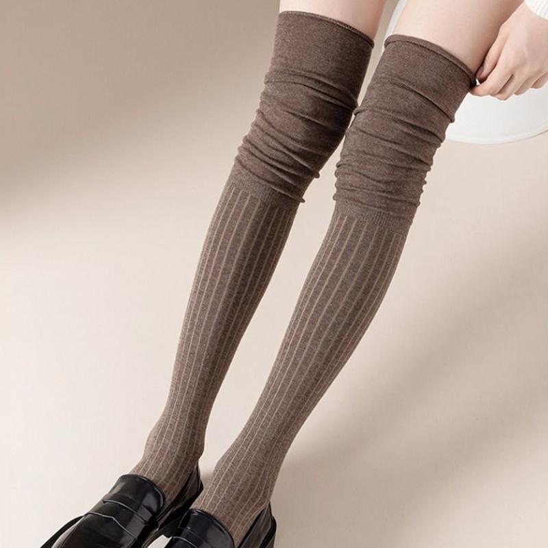Women Thin Washable Solid Casual Long Stacked Vintage Knee-High Socks Fashion High Elasticity Outdoor Polyester Stockings 1 Pair