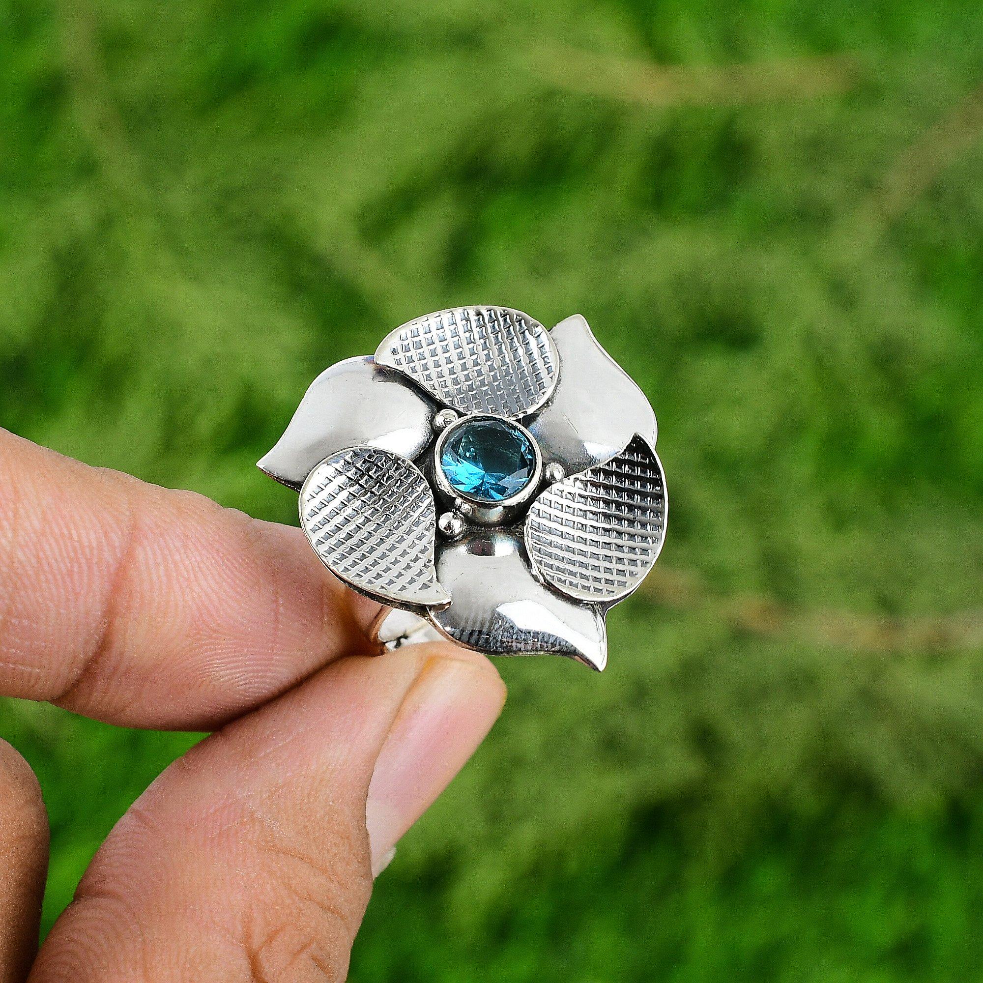 

Подарок для нее Кольцо-обещание из серебра 925 пробы с натуральным швейцарским голубым топазом в виде цветка, регулируемое Adjustable