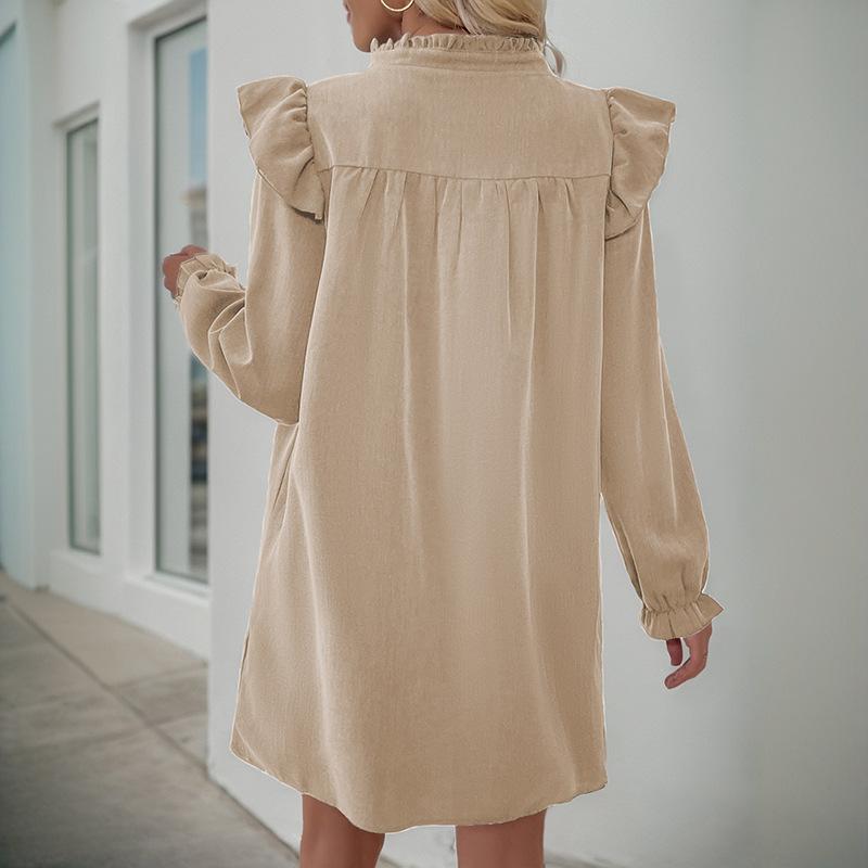 Commute  Long-Sleeved Skirts, Loose Stand-Up Collars, Ruffled Patchwork Dresses