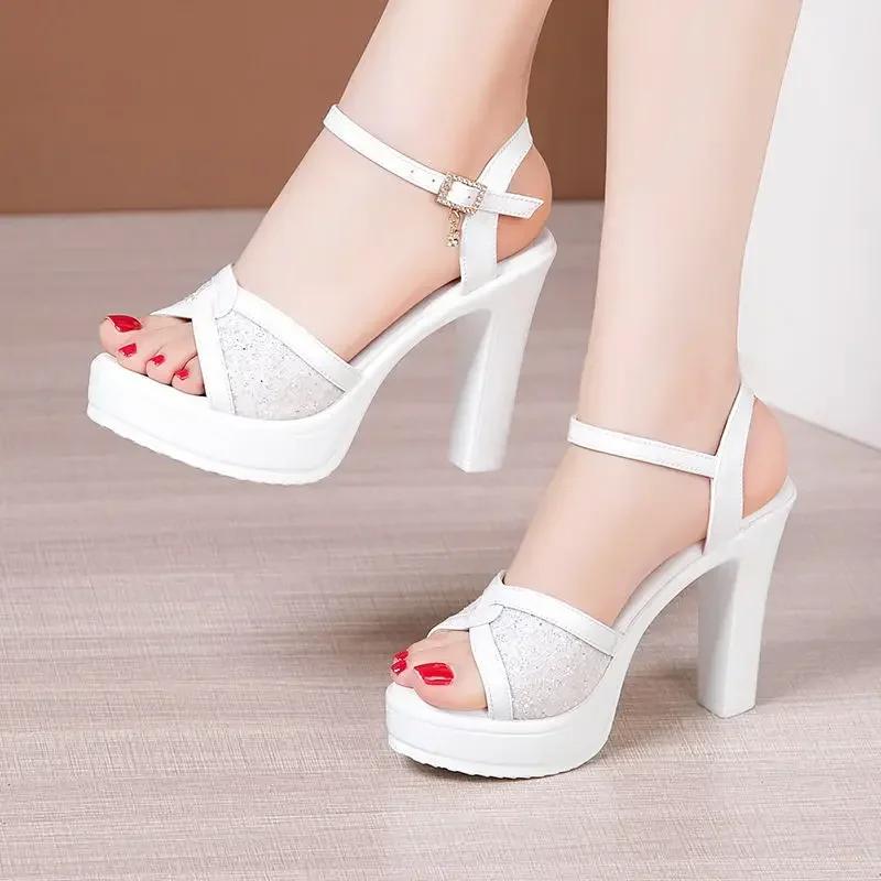 Small Size 32-43 White Red Bling Wedding Shoes Woman Block High Heels Sandals 2025 Summer Women's Platform Sandals Office Model