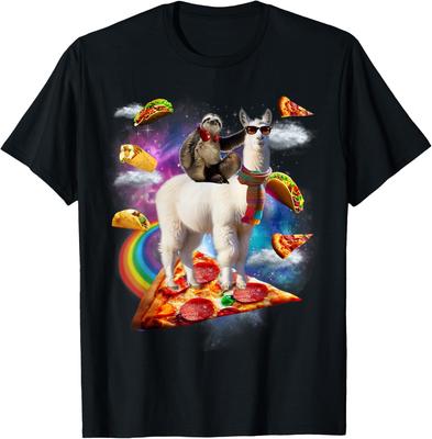Bradipo che cavalca un lama nella Galassia della Pizza Taco Maglietta Grafica Divertente Casual Unisex Maglietta da Viaggio