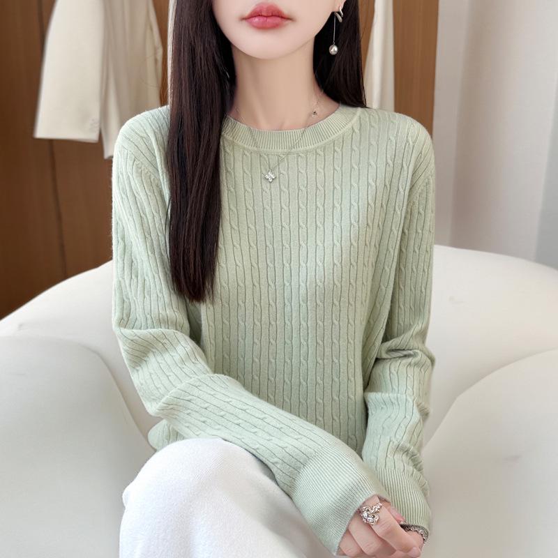 2026 Autumn Women's Round Neck Cable Knit Jacquard Pullover Sweater, Long Sleeve