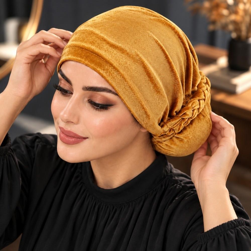 Plated Finish Velvet Turban Hat Solid Color Chemo Beanies Elegant Muslim Headscarf Cap for Women