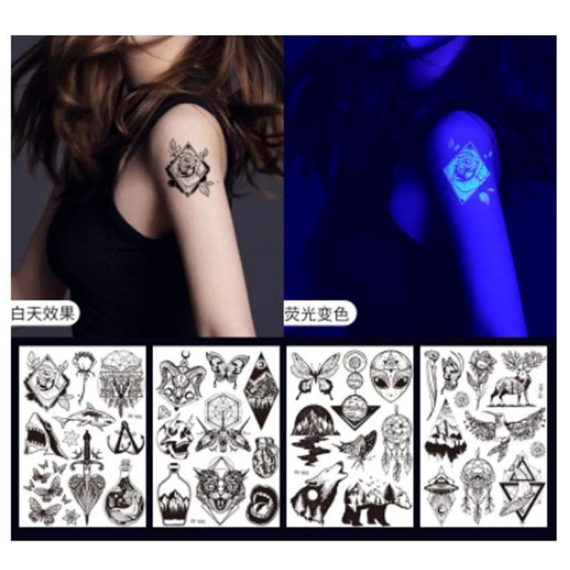 18pcs Dark Fluorescent Color Changing Tattoo Sticker Luminous Flower Arm Adult Tattoo Sticker Trend Bar Animal Tattoo Stickers