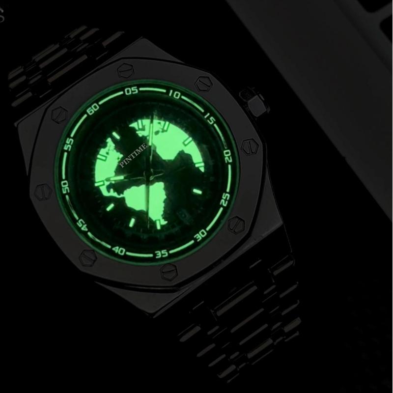 PINTIME Earth Style Men's Watches Stainless Steel Blue Planet Quartz Wristwatch for Man Luminous Waterproof Date