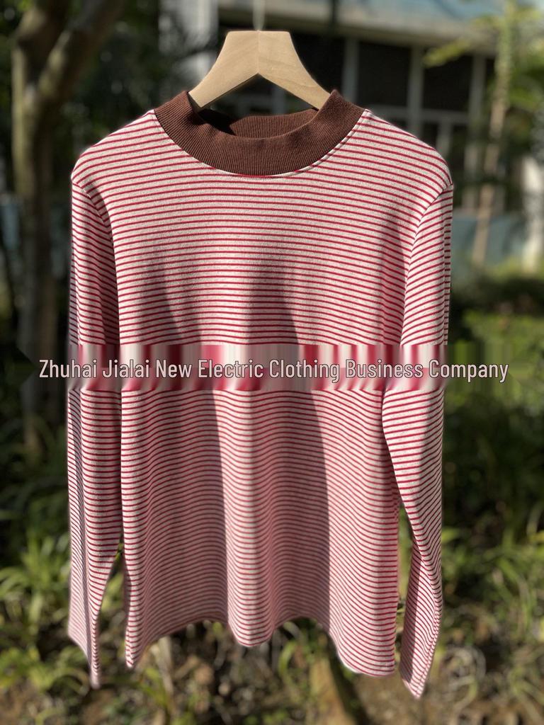 Women's Japanese Stripe Color Block High Collar Long Sleeve T-Shirt - Lazy Style, Light Blue (TX381)