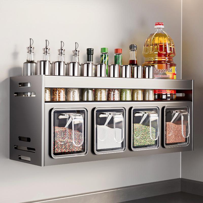 Punch-Free Wall-Mounted Kitchen Seasoning Rack with Jars and Condiment Set