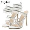 Fashion Eilyken Summer Fashion Rhinestone Crystal Sandals Women's String Bead Banquet Stiletto High Heel Wrap Strap Open Toed Shoes