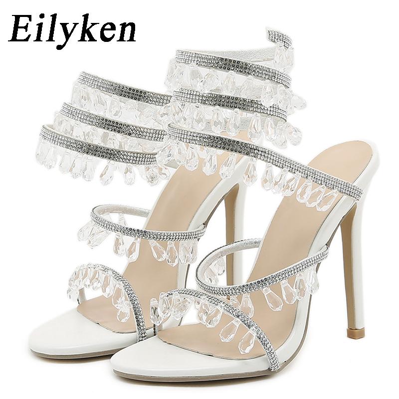 Fashion Eilyken Summer Fashion Rhinestone Crystal Sandals Women's String Bead Banquet Stiletto High Heel Wrap Strap Open Toed Shoes