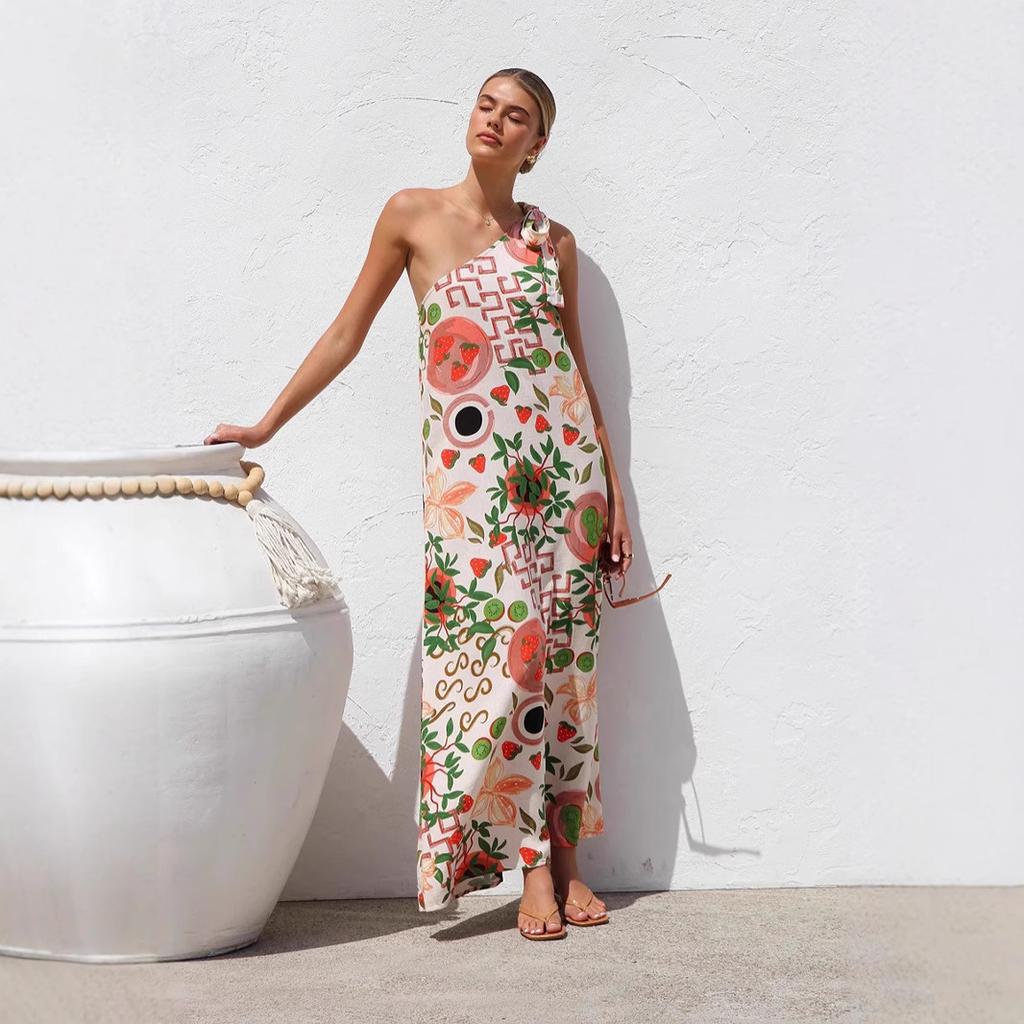 Women's Summer One Shoulder Sleeveless Dresses Floral Flowy Ruffle Maxi Sundresses Casual Boho Beach Party Wedding Guest Dresses for Women