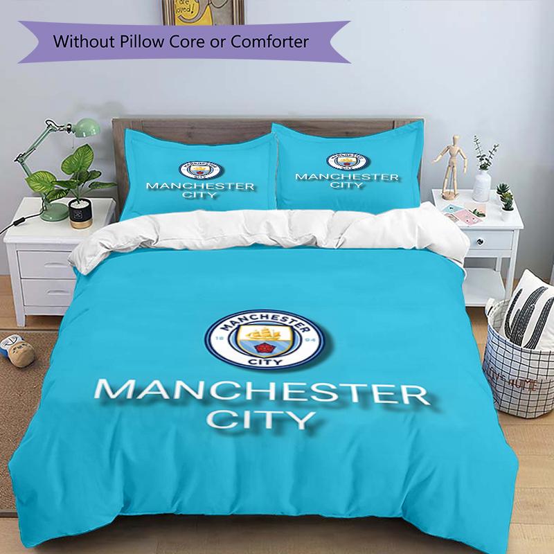 3pcs Duvet Cover Set (1*Duvet Cover + 2*Pillowcase, Without Core),Manchester City FC Print Bedding Set, Bedroom Decor, All‑Season, Birthday Gift