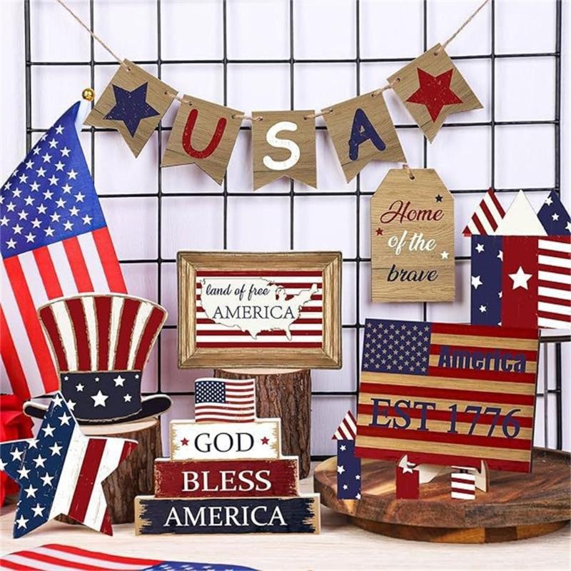 Memorials Day Wooden Sign 4th of Julys Patriotics Tiered Tray Decors Set Gift