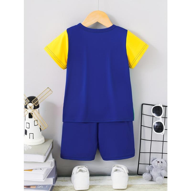 Boys' Summer Casual Outfit Set - Color Block Letter Print T-Shirt & Shorts Breathable Polyester Machine Washable Perfect Outdoor