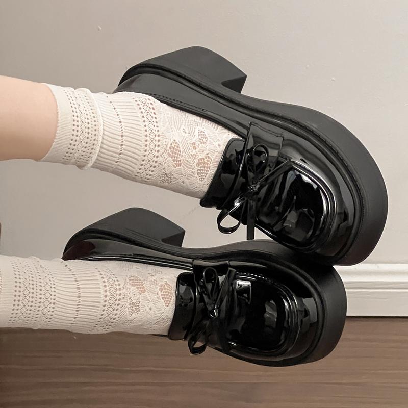 Fashion Bowknot Decor Chunky High Heel Pumps Women 2025 Goth Patent Leather Platform Loafers Woman Fashion Thick Sole Jk Uniform Shoes