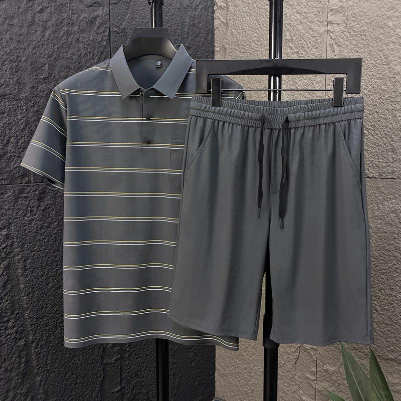 Men's High-End Summer Ice Silk Striped Polo and Shorts Set