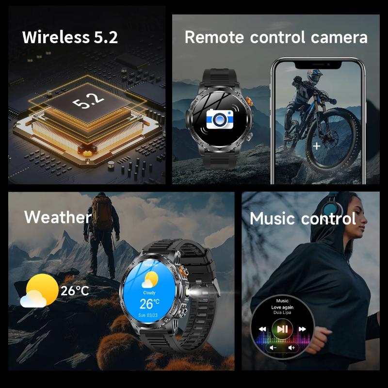 2025 Ny Militærutgave Smartklokke Menn 1000mAh Batteri 1,7-tommers AMOLED HD-skjerm Bluetooth-anrop Klokke Smartklokke LED-lommelykt