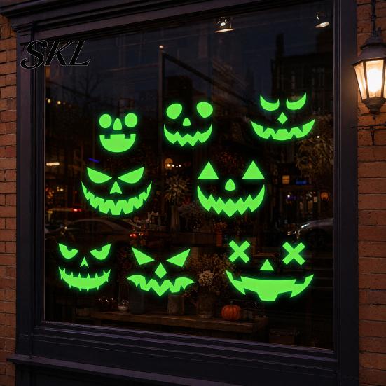 Glow in Dark Spooky Decor 2Pcs Halloween Glow-in-the-Dark Wall Stickers, Pumpkin & Ghost Face Decals for Indoor Ceiling Door Decor, Fluorescent