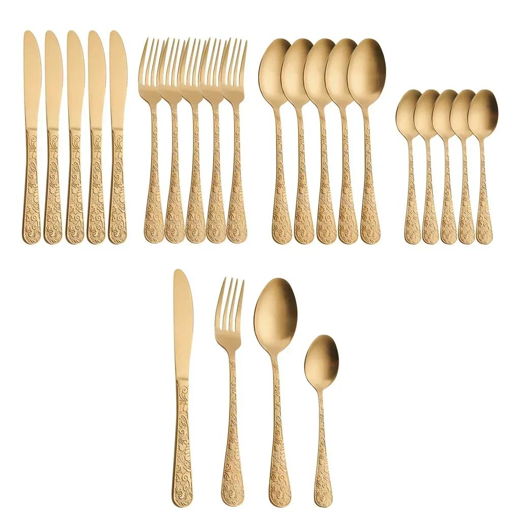 24pcs Golden Spoon Knife Fork Set Luxury Stainless Steel Tableware Set High-end Retro Complete Cutlery For 6 People Home Decor