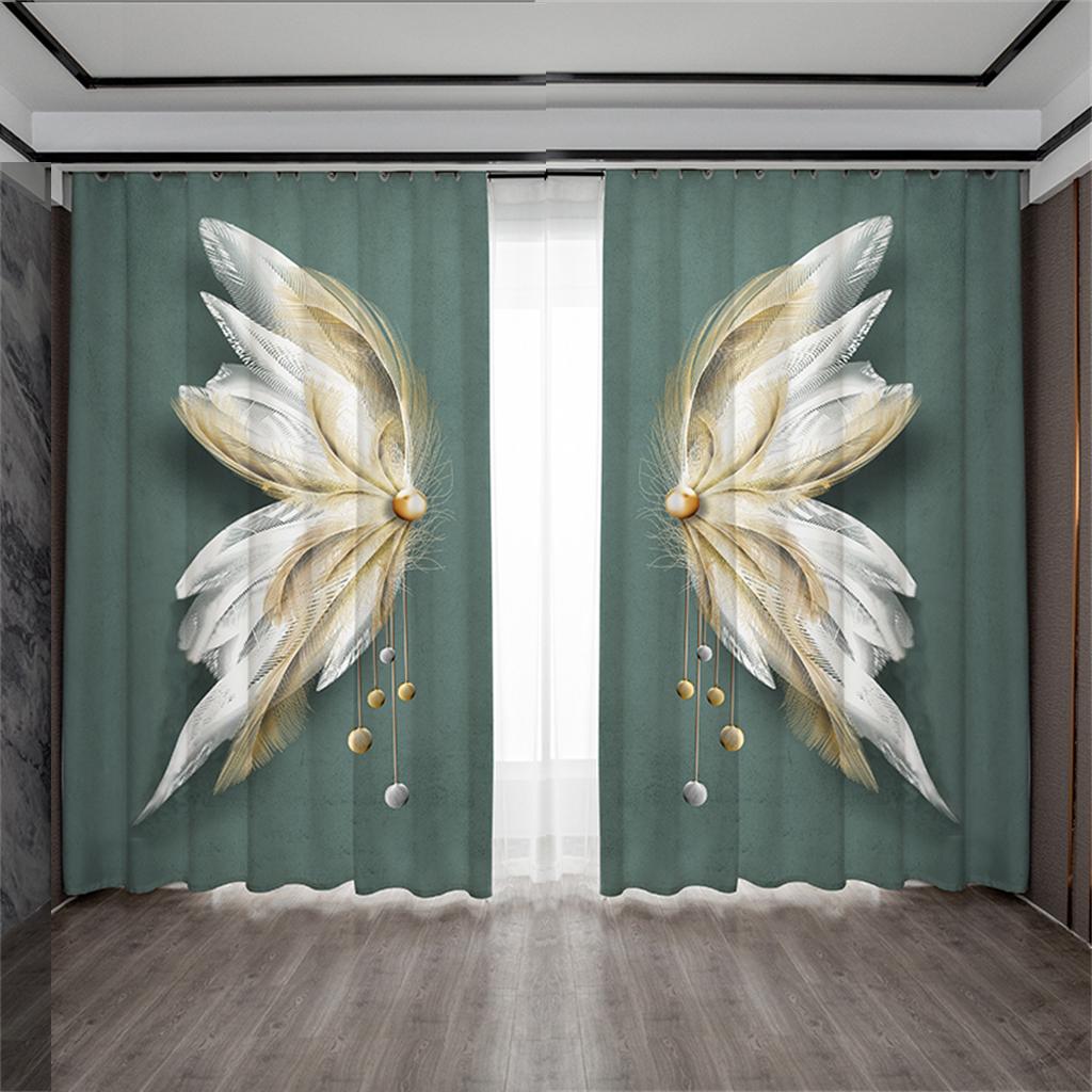Light luxury feather pattern 3D eco-friendly printed curtain Home office decorative curtain 90g polyester fiber two panels