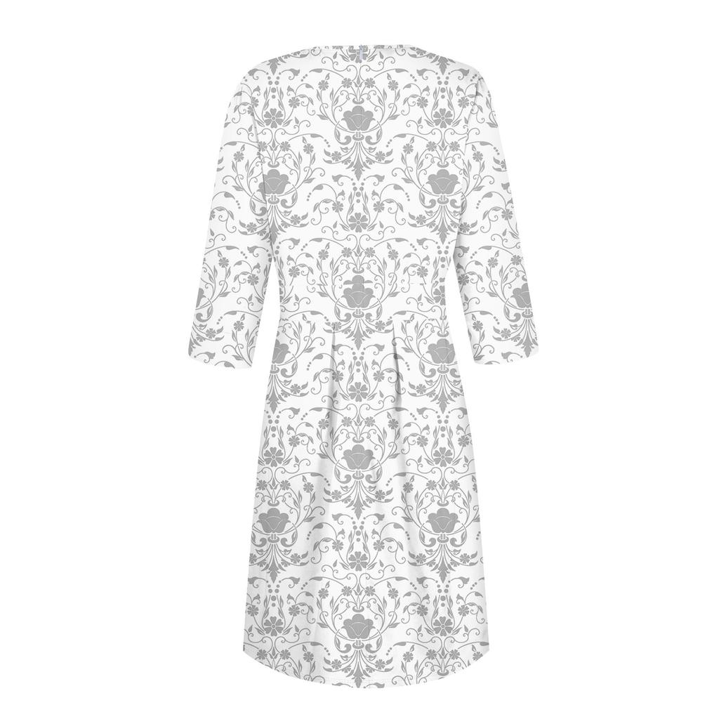 Lässiges und modisches Kleid für Damen mit Blumenmuster, 3/4-Ärmeln, Tasche und Reißverschluss auf der Rückseite
