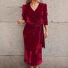 Women Autum Spring Dress Cross V-Neck One Tone Lace-up Tight Waist Velvet Mid-calf Length Long Sleeves Pleated Dating Commuti
