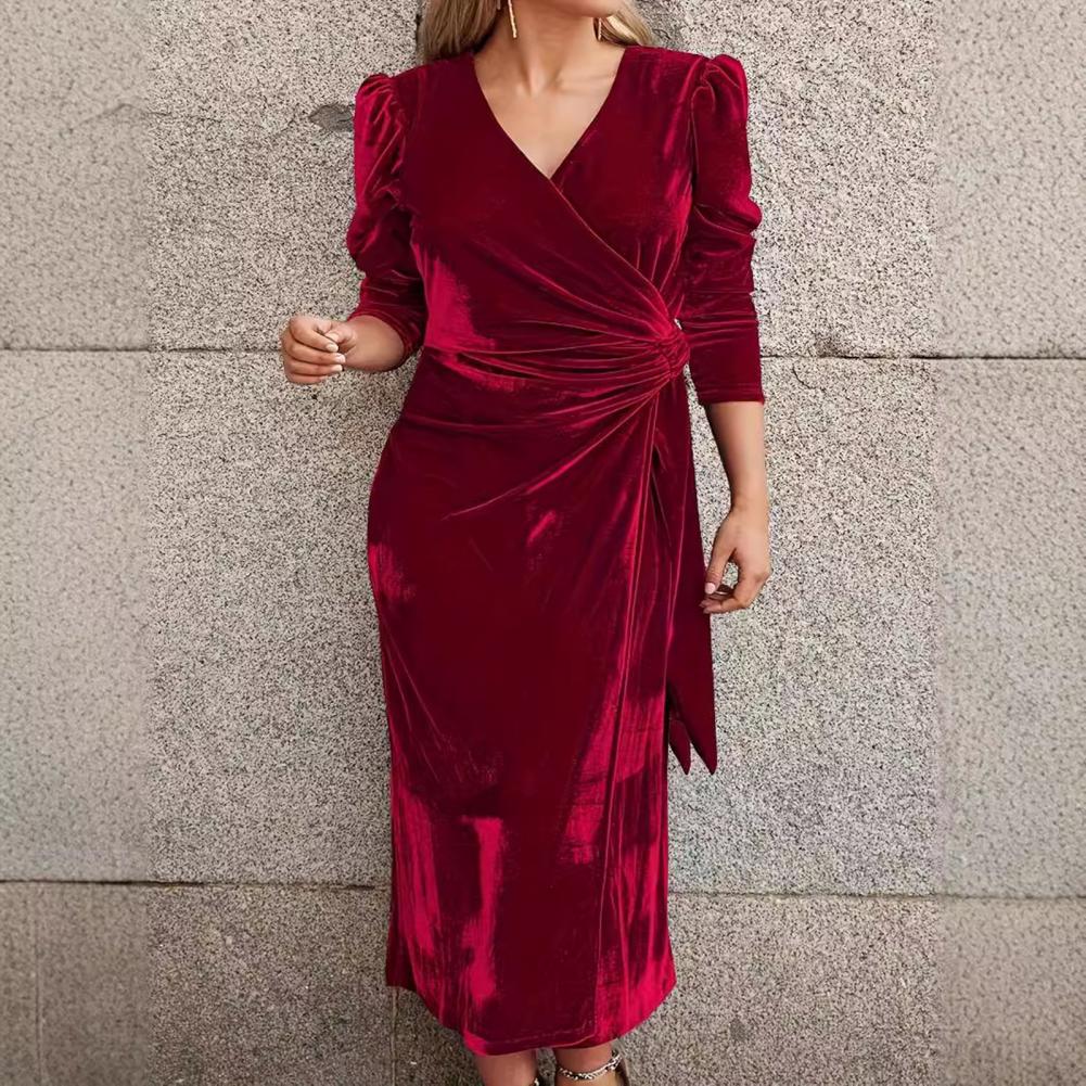 Women Autum Spring Dress Cross V-Neck One Tone Lace-up Tight Waist Velvet Mid-calf Length Long Sleeves Pleated Dating Commuti