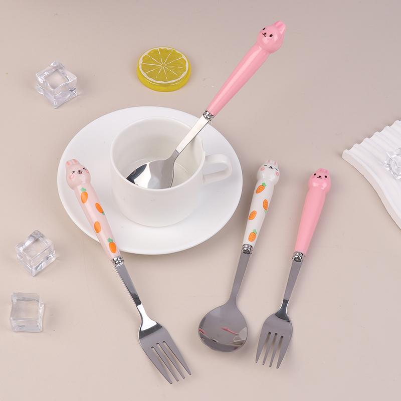 Sada nádobí s kresleným králíkem a lžící a vidličkou z nerezové oceli, hůlky, studentské přenosné nádobí, cestovní příbory s krabičkou