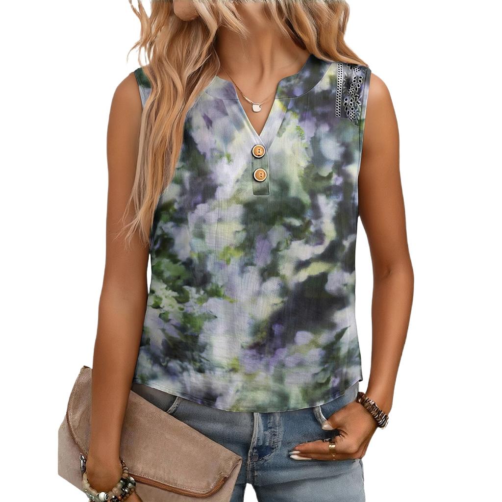 Women's Casual, Loose-Fitting, Printed, Sleeveless Linen Blouse