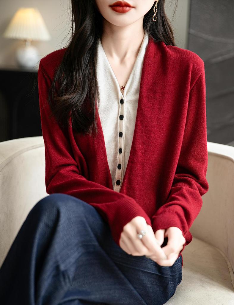 Women's V-Neck Wool Cardigan - Autumn/Winter, Two-Piece, Long Sleeve Knit Sweater
