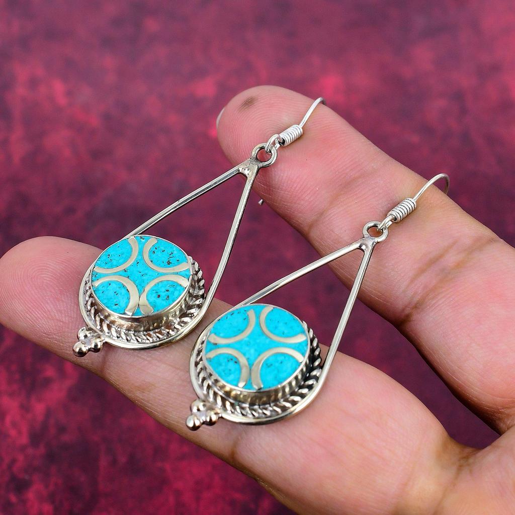 Modré tyrkysové ručně vyráběné náušnice z drahých kamenů, 925 masivní stříbrné náušnice starožitné šperky, jako dárek k zásnubám