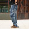 Herren Cargohosen Gewaschen Schwarz Grau Denim Mehrere Taschen Lockere Passform Gerade Beine Hosen