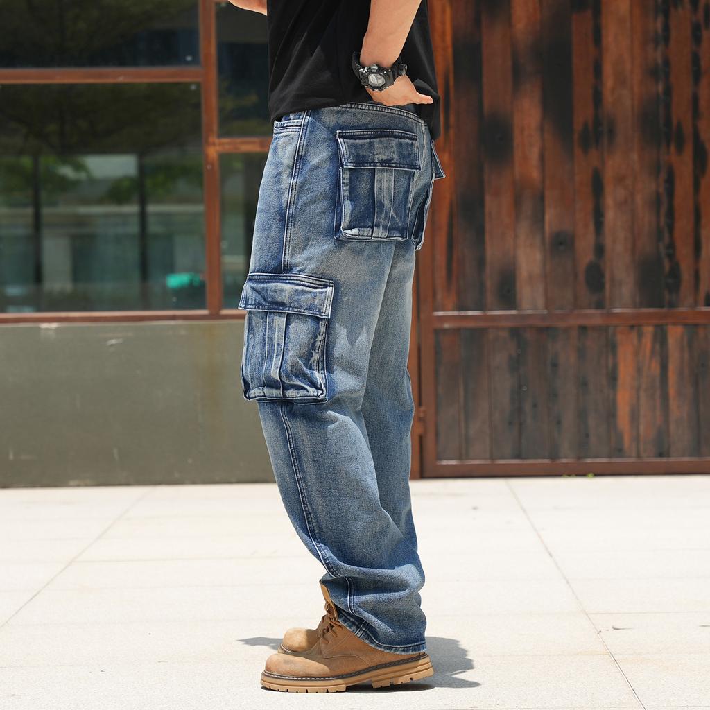 Herren Cargohosen Gewaschen Schwarz Grau Denim Mehrere Taschen Lockere Passform Gerade Beine Hosen