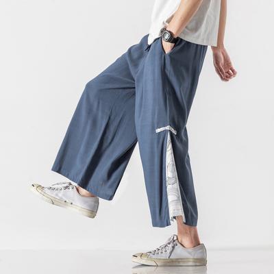 2025 Men Print Linen Wide Leg Pants Harajuku Streetwear Harem Pants Male Chinese Style Han Fu Trousers Retro Ankle-Length Pants