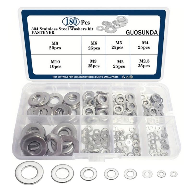 

180Pcs 304 Stainless Steel Flat Washer Set 2/2.5/3/4/5/6/8/10mm for Home Decoration Factory Maintenance 1