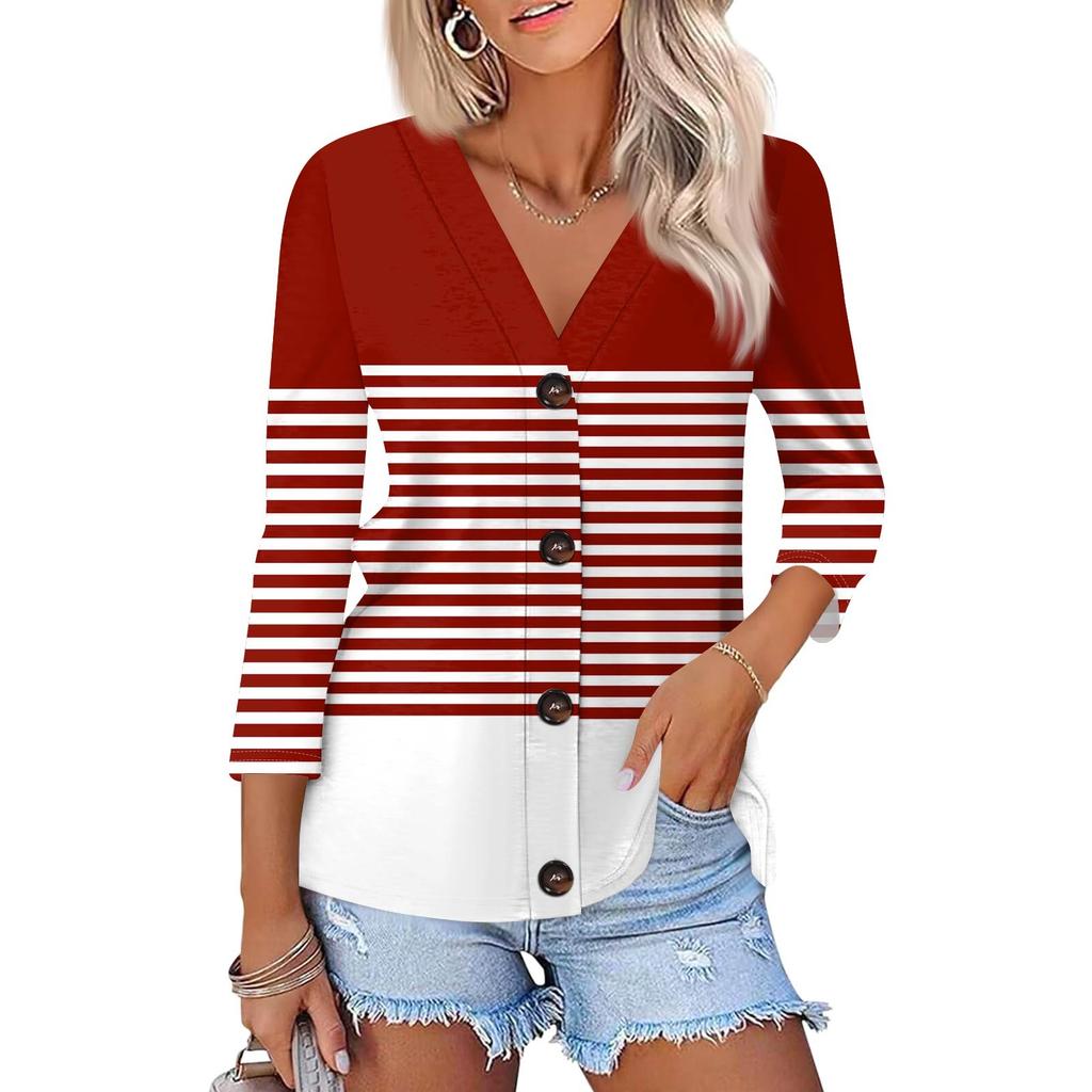 Women's Fashion Casual Printing Button-down Shirt 3/4 Long Sleeve Tops
