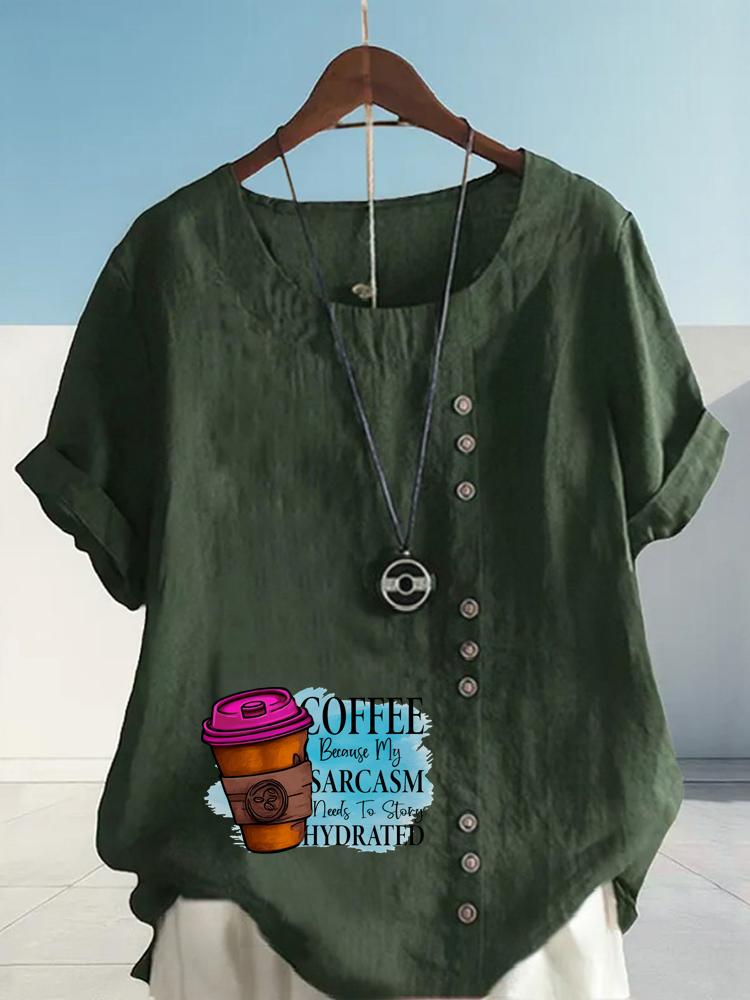 Women's Fashion Coffee Alphabet Print Casual Cotton Linen Short Sleeve Round Neck T-shirt Shirt Leisure Loose Summer Blouse Tops
