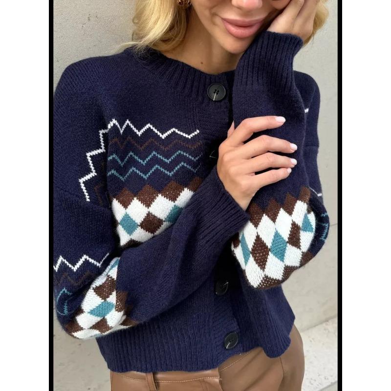 Повседневный кардиган с жаккардовым узором, женский свитер для осени и зимы, ленивый и дикий, модный топ с длинными рукавами Tide S тёмно-синий