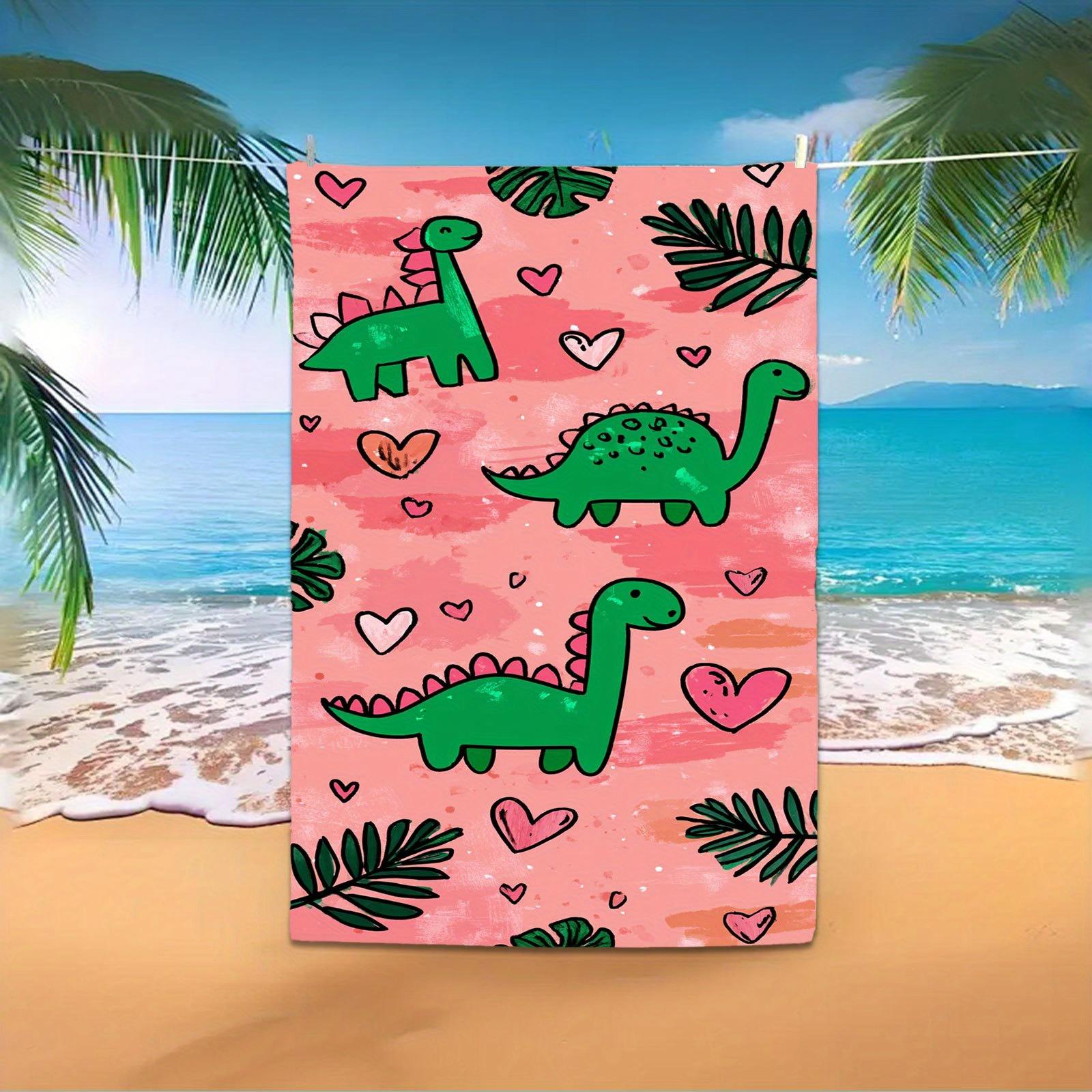 

A Beach Towel Featuring a Cute Dinosaur Design with a Pink Background And Green Heart-Shaped Plant Patterns W40*H60(CM)