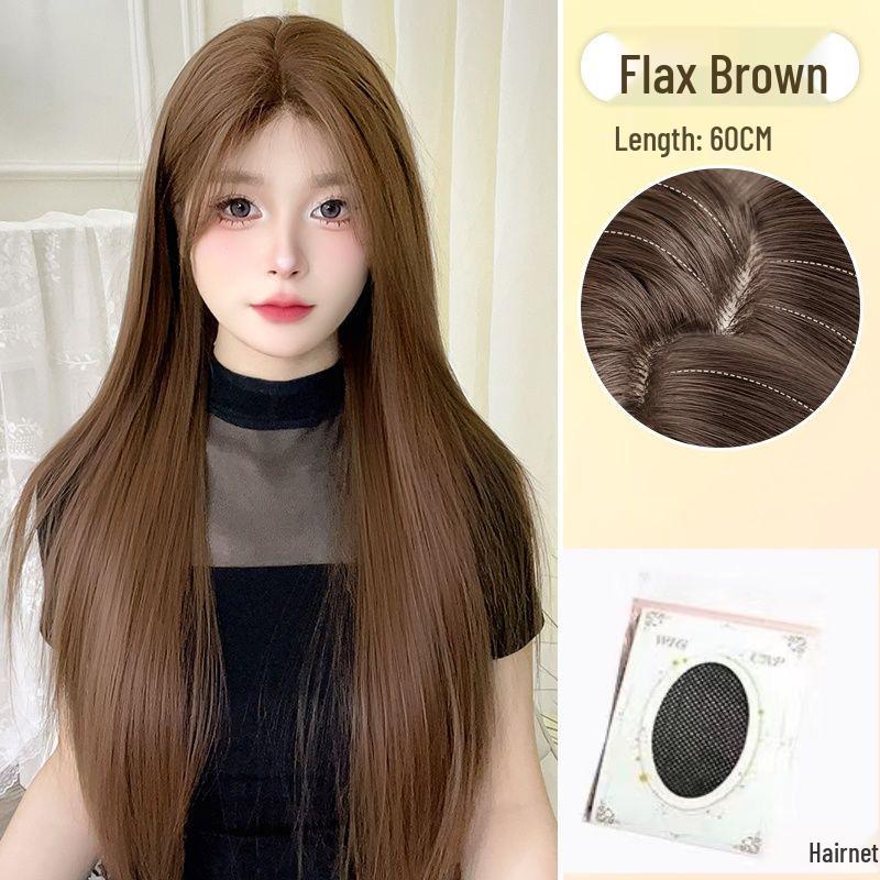 Wig for Women - Long Straight Linen Brown with Lace, Wen Qing Miki Style, Full Head Cover, Fluffy Natural Look