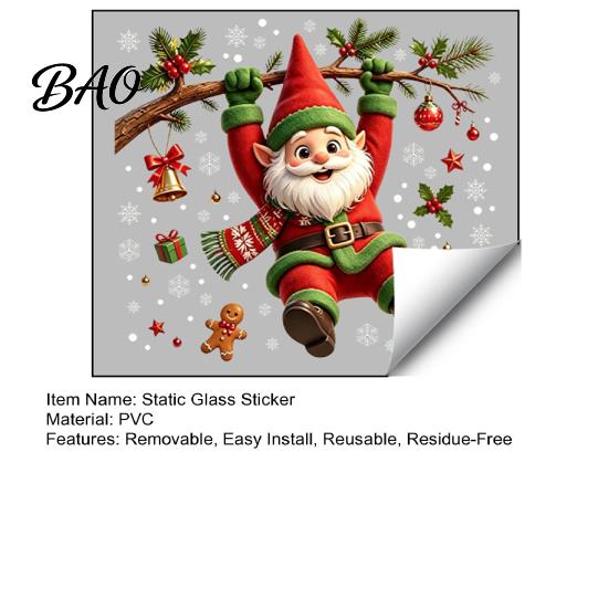 Winter Holiday Decorations Cute Gnome Christmas Static Window Cling, Removable Decal with Holly Bell Festive Snowflake Clings Gingerbread Snowflake,