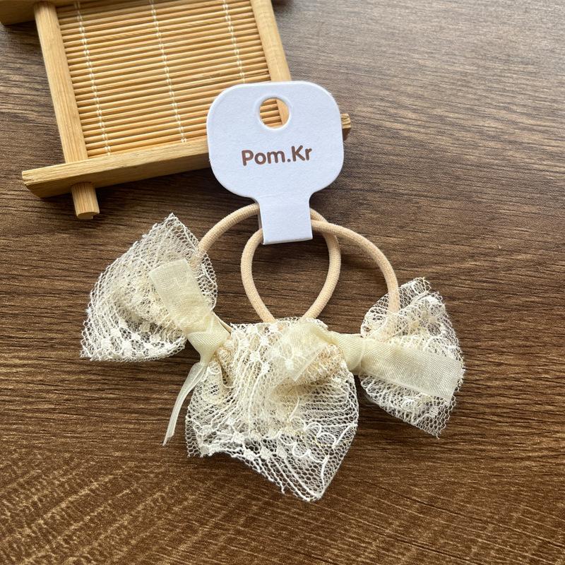 2pcs/set Beige Color Cute Lace Bow Hair Ties for Girls Fashionable Stretch Versatile Kids Ponytail Holders with Floral Lace Trim