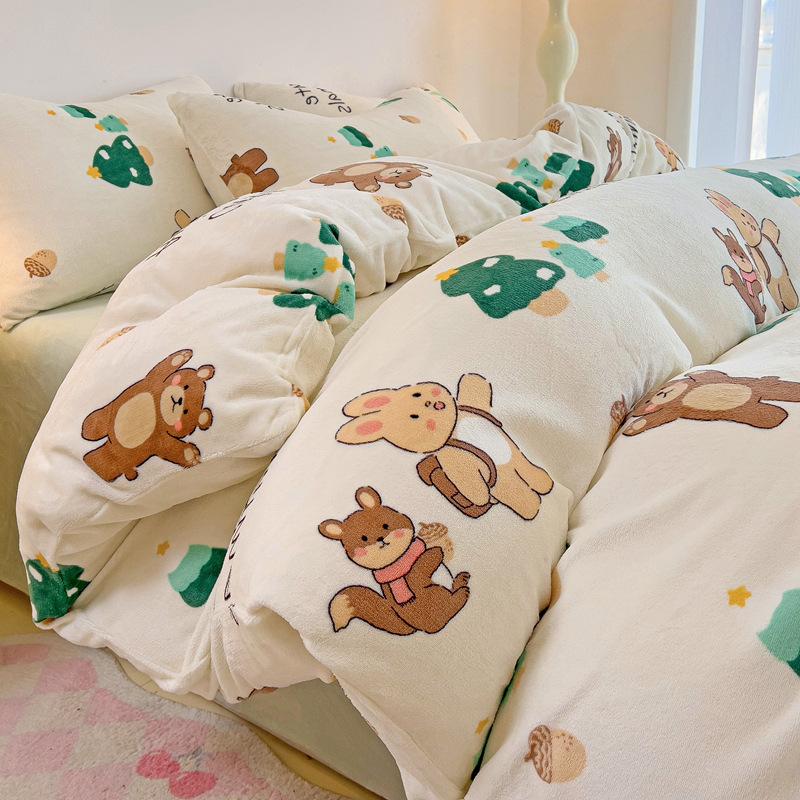 Thickened Milk Fleece Four-Piece Set Double-Sided Coral Flange Fleece Bed Sheet Quilt Cover Three-Piece Set Of Bed Hat