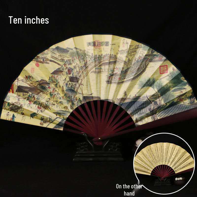 Traditional Chinese Silk Bamboo Folding Fan with Ink Landscape